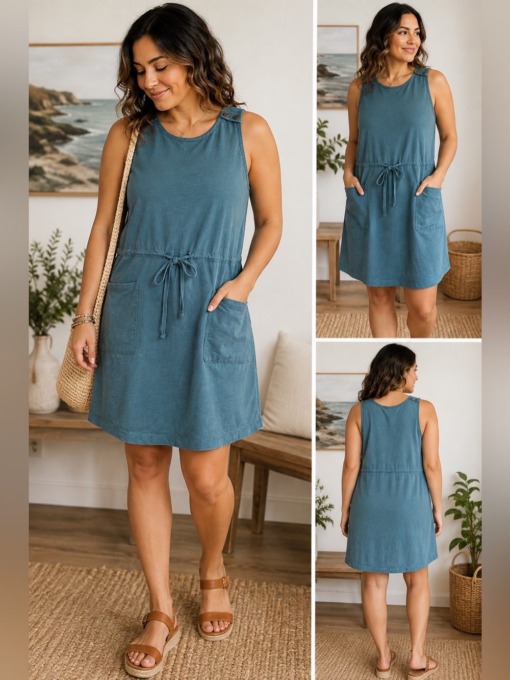 United By Blue Hemp Organic Cotton Utility Dress Large Teal Pockets Drawstring